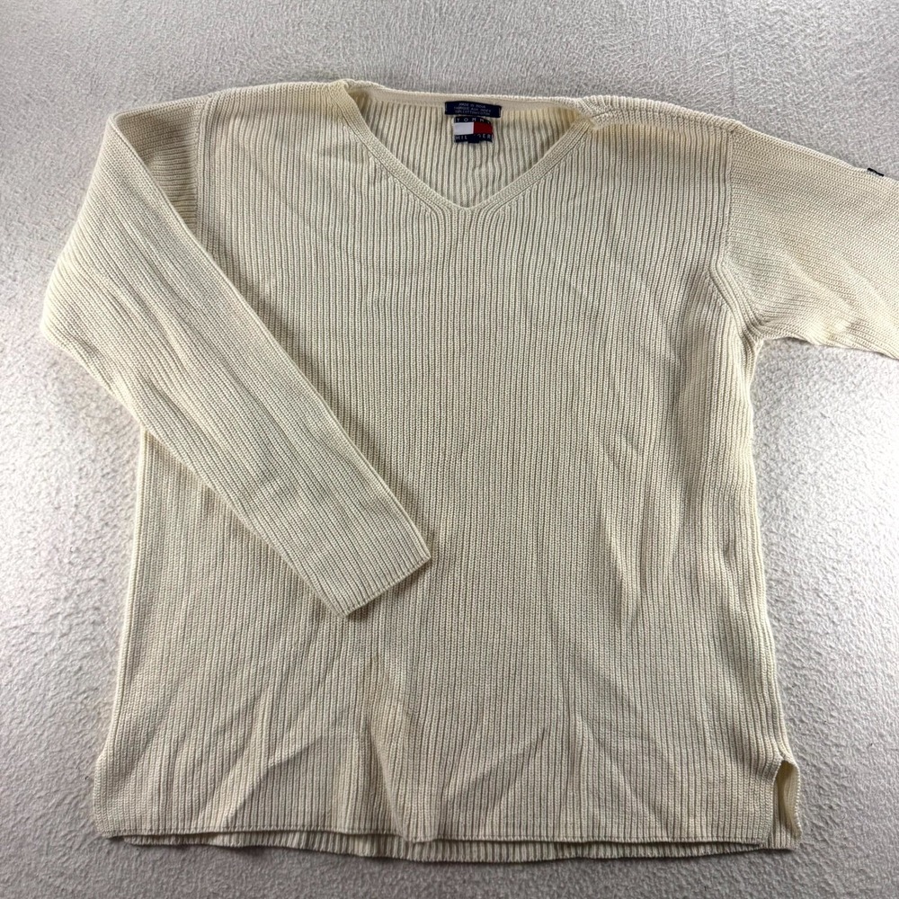Tommy Hilfiger Sweater Mens L Cream Ribbed V-Neck Cotton Vintage 90s Old Money